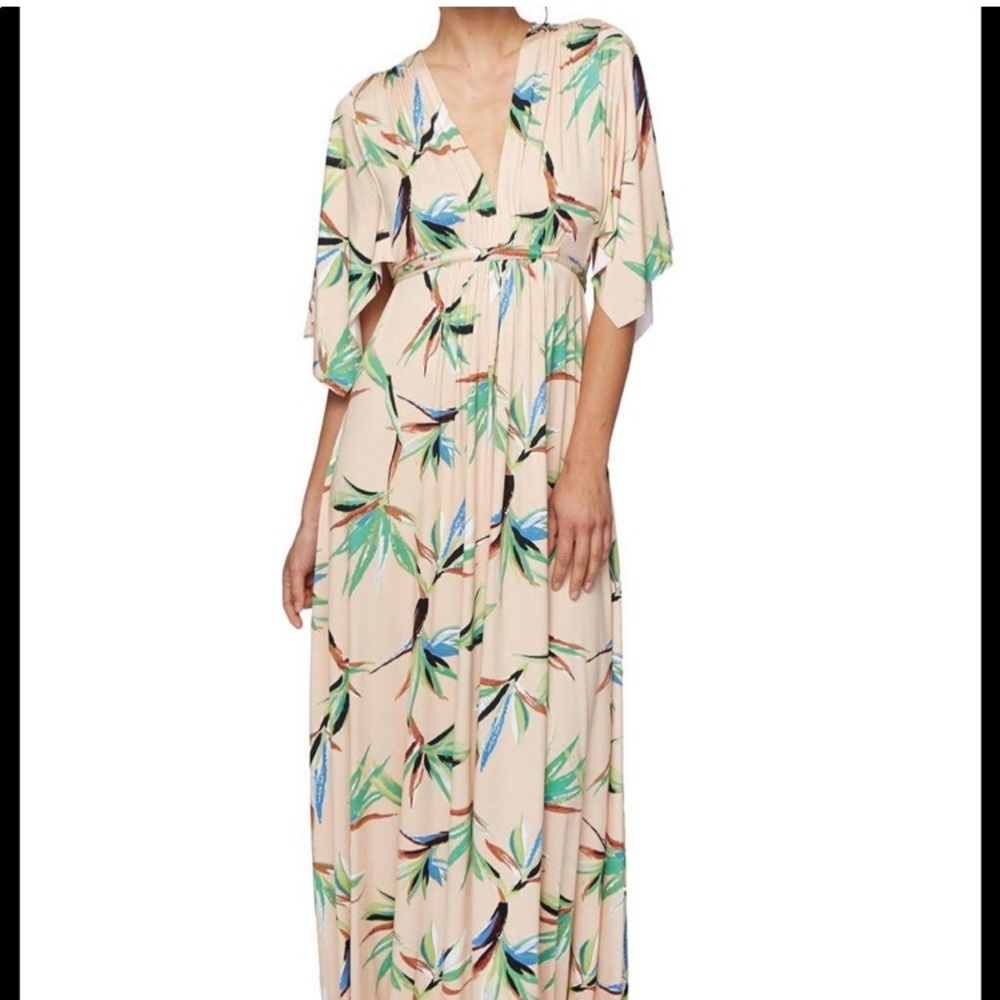 Rachel Pally Cream Maxi Dress with Green and Blue Leaf Print